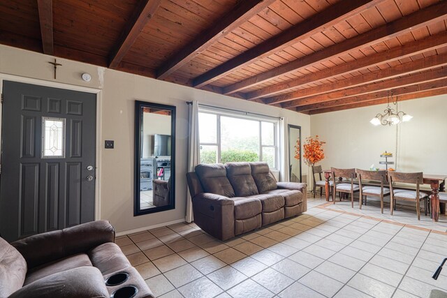 living room featuring light tile patterned floors, beam ceiling, and wooden ceiling