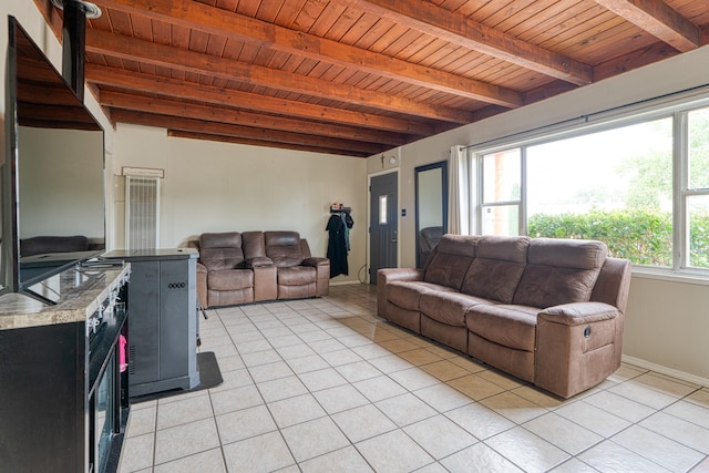 living room with light tile patterned floors, beam ceiling, and wooden ceiling