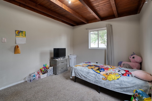 bedroom featuring wood ceiling, beamed ceiling, and carpet floors