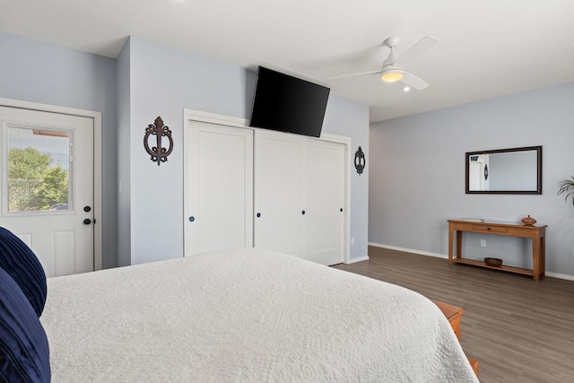 bedroom featuring ceiling fan and wood-type flooring