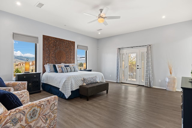 bedroom with dark wood-type flooring, access to exterior, and ceiling fan