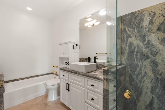 bathroom with a marble finish shower, toilet, vanity, tile patterned flooring, and a bath