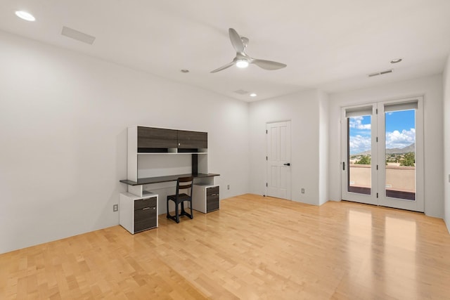 office space featuring recessed lighting, visible vents, ceiling fan, and wood finished floors