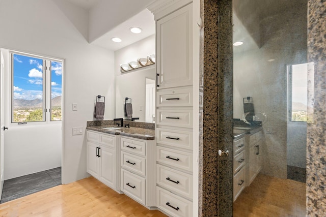 bathroom featuring a walk in shower, wood finished floors, and vanity