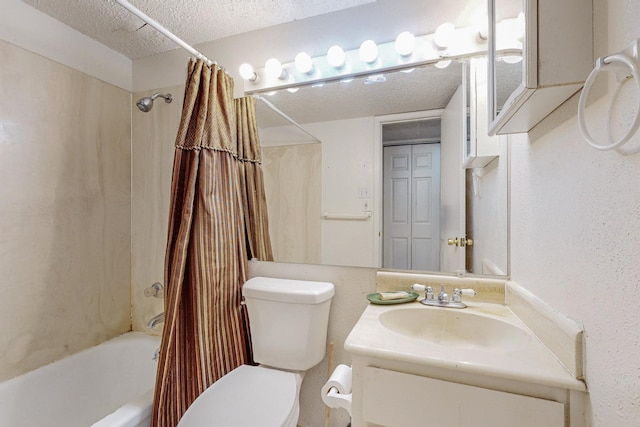 full bathroom featuring vanity, toilet, a textured ceiling, and shower / bath combo with shower curtain