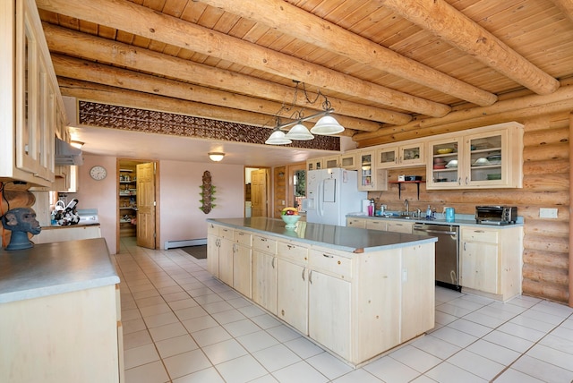 kitchen featuring white refrigerator with ice dispenser, beam ceiling, a center island, stainless steel dishwasher, and hanging light fixtures