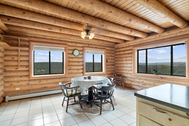 dining area with a baseboard heating unit, light tile patterned floors, beam ceiling, and log walls