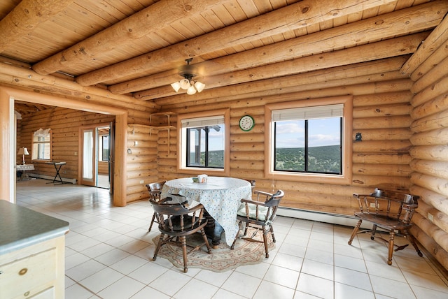 dining area with beamed ceiling, light tile patterned floors, wood ceiling, baseboard heating, and rustic walls