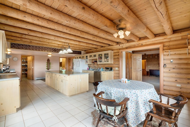 tiled dining area with log walls, beamed ceiling, a baseboard radiator, wood ceiling, and ceiling fan