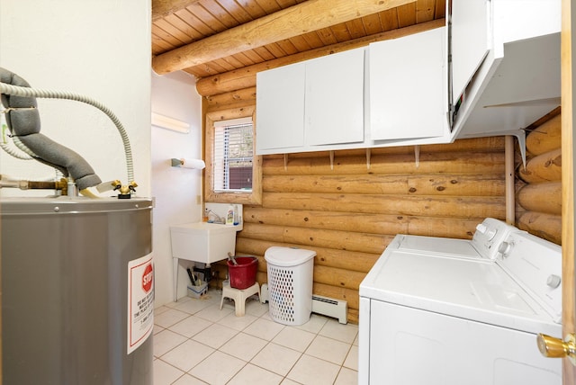 laundry area with log walls, wood ceiling, a baseboard radiator, separate washer and dryer, and water heater