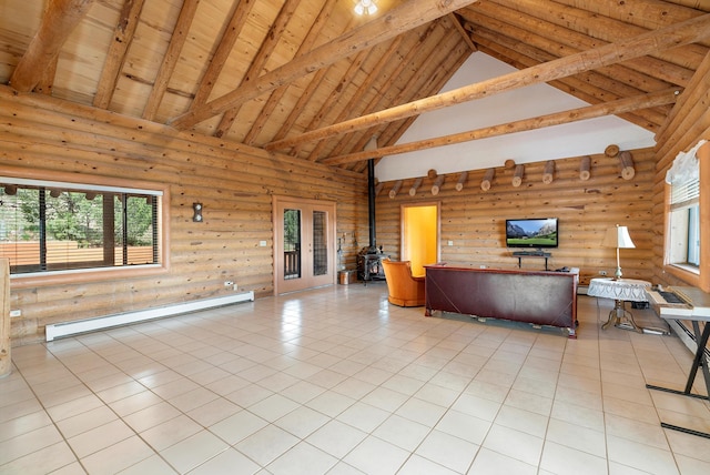 unfurnished living room with beamed ceiling, high vaulted ceiling, light tile patterned floors, a wood stove, and baseboard heating