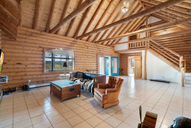 living room featuring rustic walls, tile patterned flooring, and beam ceiling