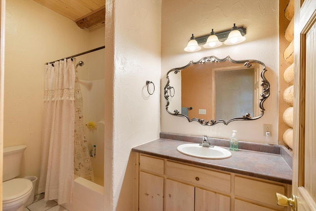 full bathroom featuring vanity, toilet, shower / tub combo with curtain, and wood ceiling