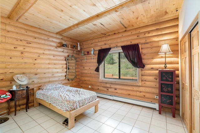 bedroom with beamed ceiling, wood ceiling, tile patterned floors, a baseboard heating unit, and rustic walls