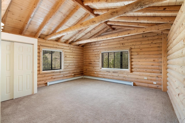 unfurnished bedroom with log walls, carpet, wooden ceiling, and lofted ceiling with beams