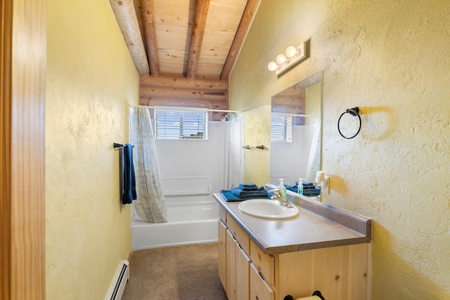 bathroom with vanity, a baseboard radiator, wooden ceiling, shower / bath combination with curtain, and beam ceiling