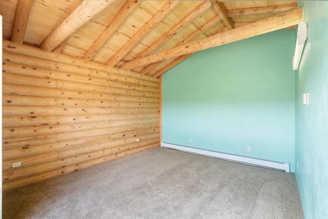 bonus room with vaulted ceiling with beams, carpet, a baseboard heating unit, wood ceiling, and log walls