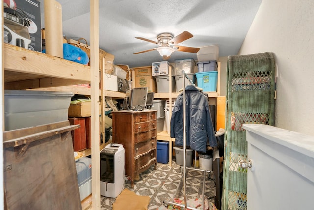 storage area featuring ceiling fan