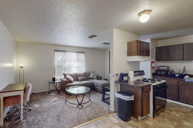 kitchen featuring dark brown cabinets, a textured ceiling, light colored carpet, and white range with gas cooktop