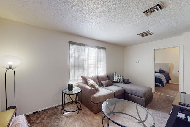 carpeted living room with a textured ceiling