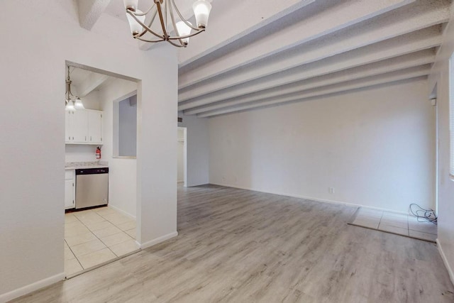 interior space featuring beamed ceiling, a notable chandelier, and light hardwood / wood-style flooring