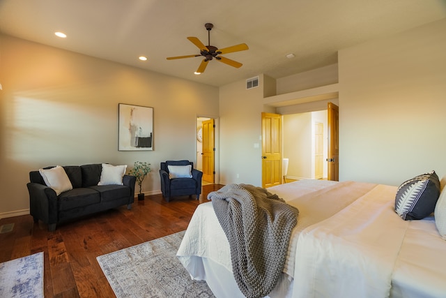 bedroom featuring dark wood-type flooring and ceiling fan