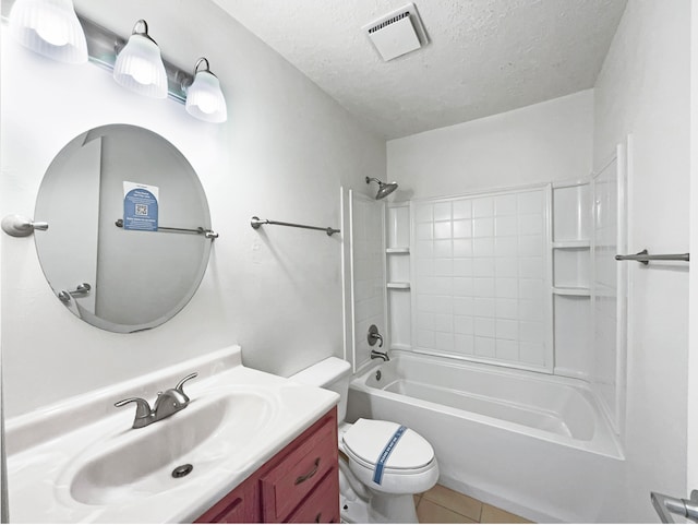 full bathroom featuring a textured ceiling, vanity, shower / tub combination, tile patterned flooring, and toilet