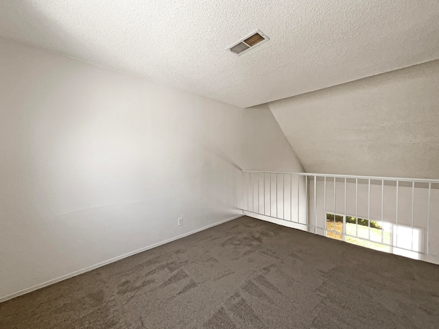 additional living space with dark colored carpet, a textured ceiling, and vaulted ceiling