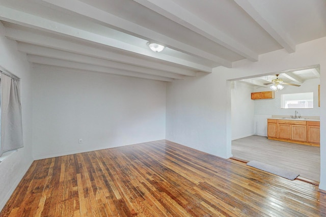 spare room featuring beamed ceiling, light hardwood / wood-style floors, ceiling fan, and sink