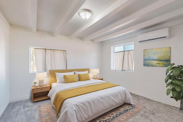 bedroom with beamed ceiling, light colored carpet, and an AC wall unit