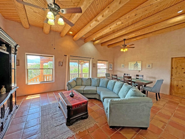 living room with ceiling fan, a towering ceiling, beamed ceiling, and wooden ceiling