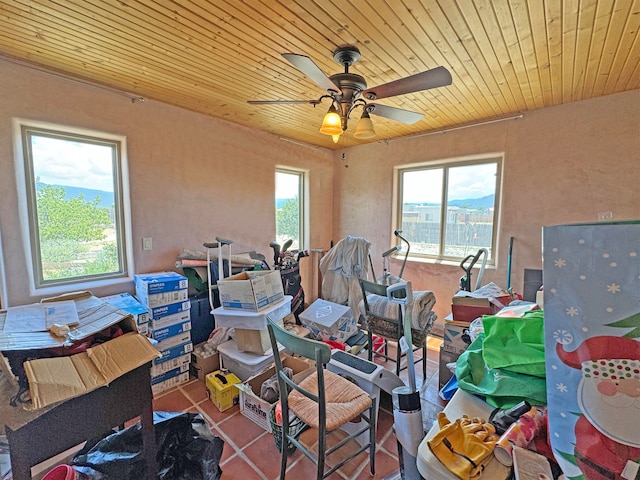 misc room with wood ceiling, ceiling fan, and tile patterned floors