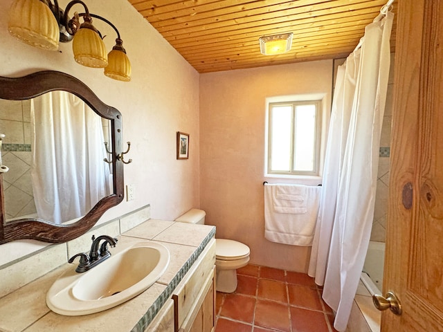 full bathroom featuring vanity, shower / bath combination with curtain, wooden ceiling, toilet, and tile patterned floors