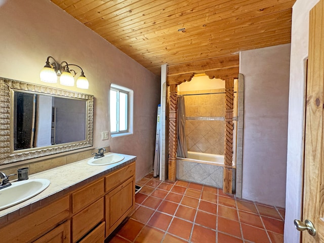 bathroom with wooden ceiling, vanity, shower / tub combo with curtain, and tile patterned flooring