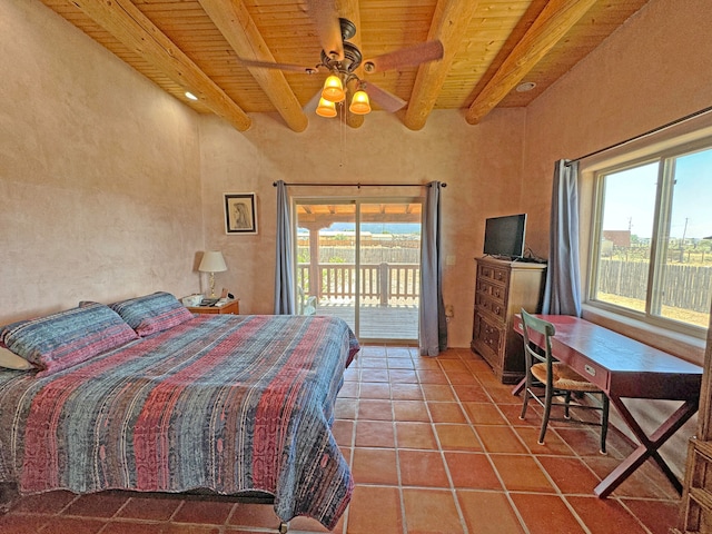 bedroom featuring wooden ceiling, multiple windows, and access to outside