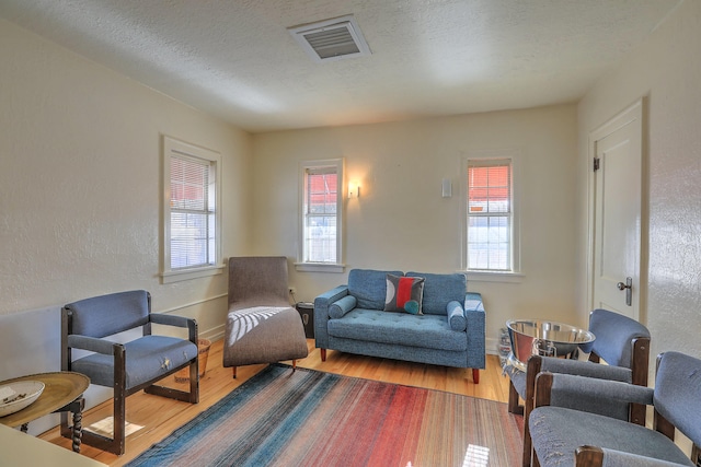 living room with a textured ceiling, hardwood / wood-style flooring, and a healthy amount of sunlight