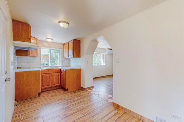 kitchen featuring ventilation hood, light hardwood / wood-style floors, tasteful backsplash, and a healthy amount of sunlight