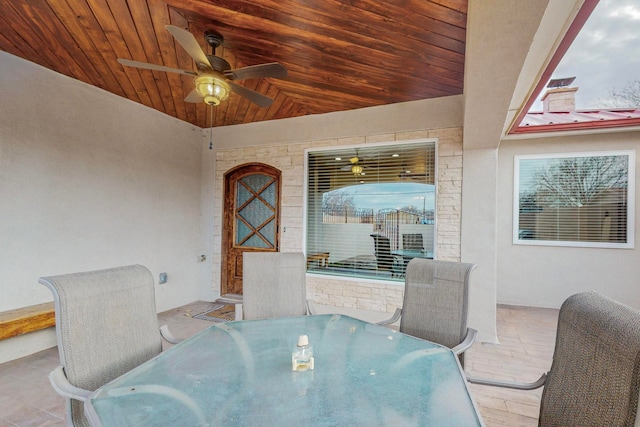 dining space featuring ceiling fan and wooden ceiling