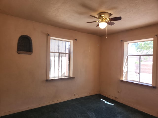 carpeted spare room featuring a wealth of natural light, ceiling fan, and a textured ceiling