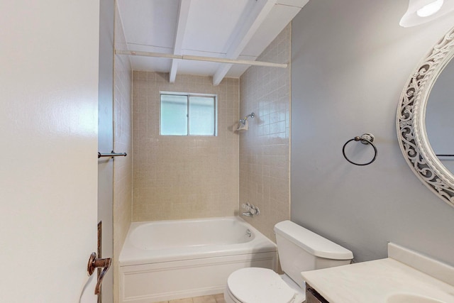 full bathroom with tiled shower / bath combo, vanity, and toilet