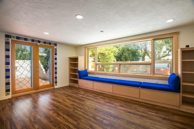 interior space with plenty of natural light, dark hardwood / wood-style floors, and a textured ceiling