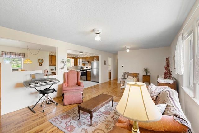 living room featuring light hardwood / wood-style floors and a textured ceiling