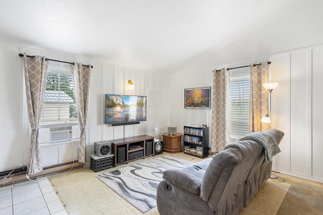 tiled living room featuring cooling unit and lofted ceiling