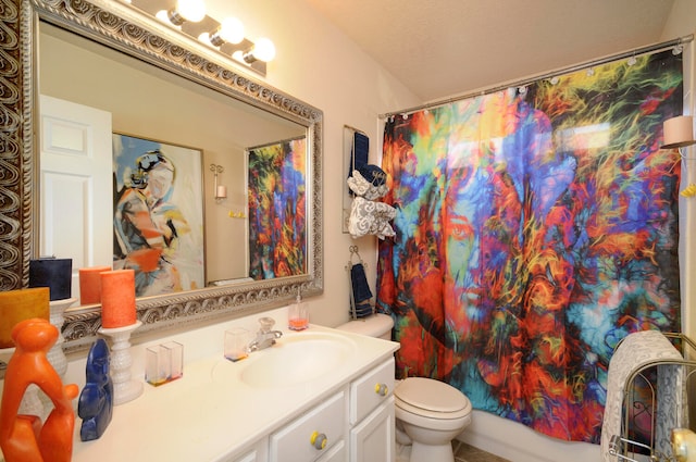 full bathroom with vanity, toilet, and shower / bathtub combination with curtain