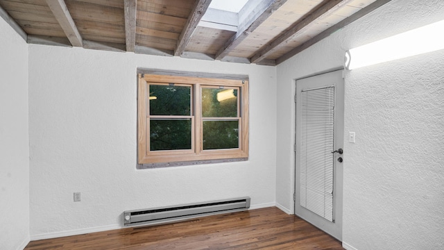 unfurnished room featuring wooden ceiling, beam ceiling, a skylight, hardwood / wood-style flooring, and a baseboard heating unit