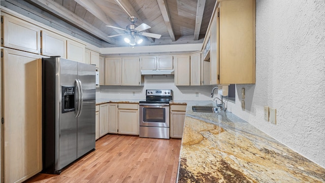 kitchen featuring ceiling fan, sink, beam ceiling, stainless steel appliances, and light wood-type flooring