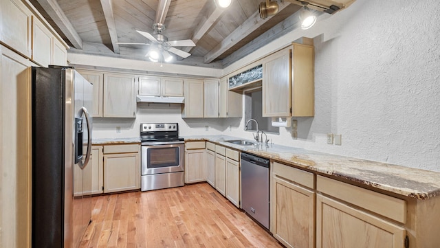 kitchen with wood ceiling, beamed ceiling, sink, appliances with stainless steel finishes, and ceiling fan