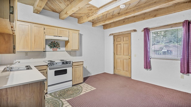 kitchen with wood ceiling, sink, decorative backsplash, a skylight, and white range oven