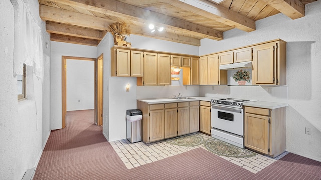 kitchen with white range, beamed ceiling, sink, light colored carpet, and backsplash