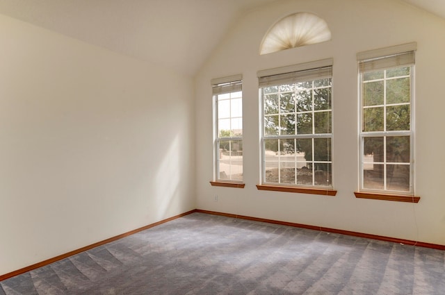 carpeted empty room featuring lofted ceiling